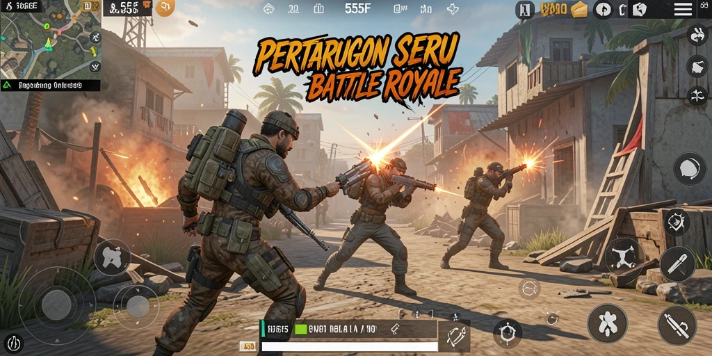 Gameplay seru dengan momen intens dalam 555F Battle Royale.