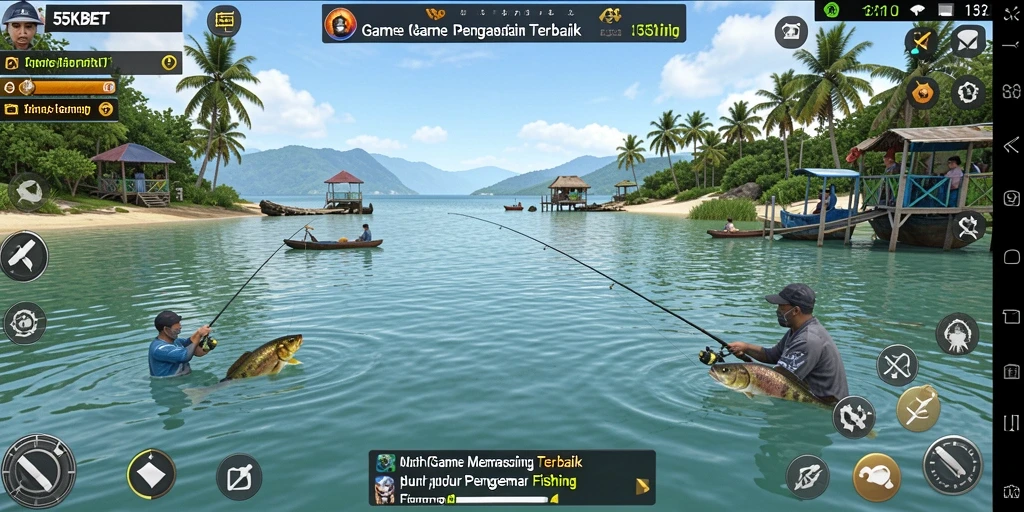Tampilan gameplay <strong>55KBET</strong> yang menarik dengan berbagai ikan dan lokasi memancing.