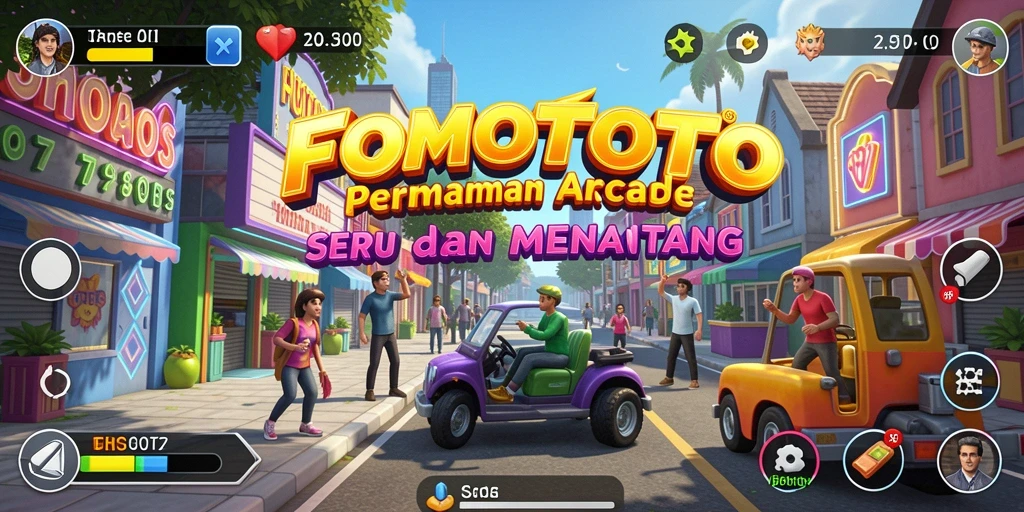 Tampilan screenshot utama FOMOTOTO yang menampilkan aksi gameplay Arcade.