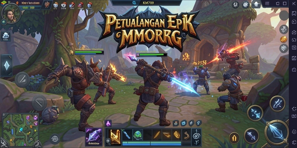 Screenshot KM789 menampilkan aksi pertempuran seru dalam dunia MMORPG.