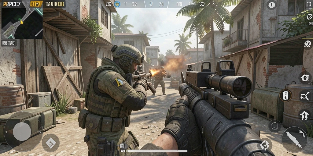 Screenshot menunjukkan aksi mendebarkan dalam game FPS PCPC7.