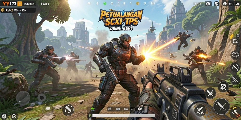 Screenshot YY123 menampilkan aksi seru dalam gameplay TPS.